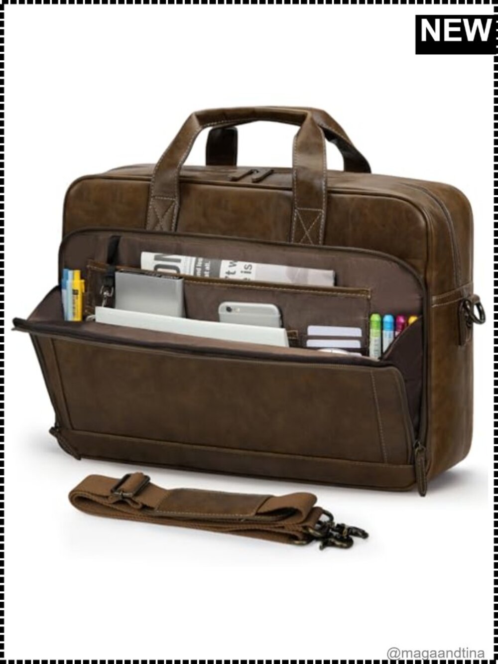 16 Inch Mens PU Leather Laptop Briefcase Messenger Bag Vintage Work